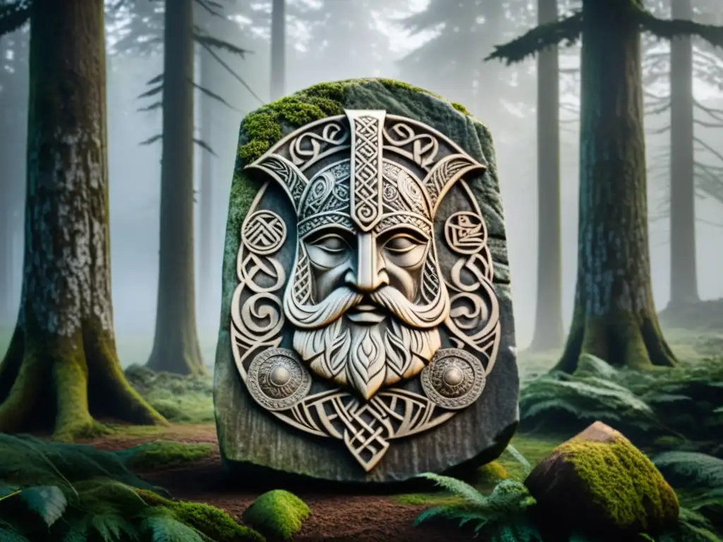 Amuletos vikingos para protección espiritual: Runa tallada de Odín en bosque místico