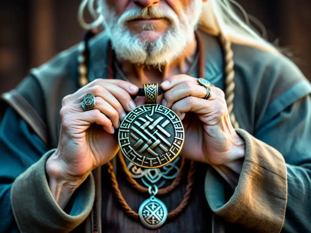 Anciano vikingo muestra collar con runas en antigua casa vikinga