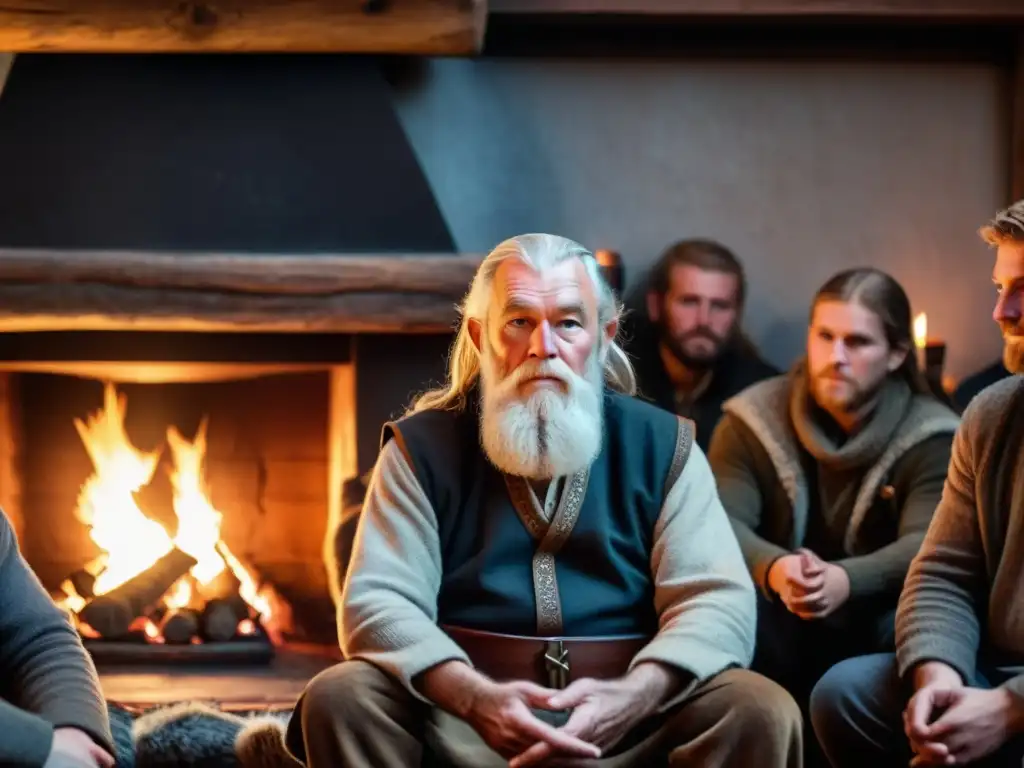 Un anciano vikingo transmite sabiduría de la cultura vikinga junto a jóvenes alrededor de la chimenea