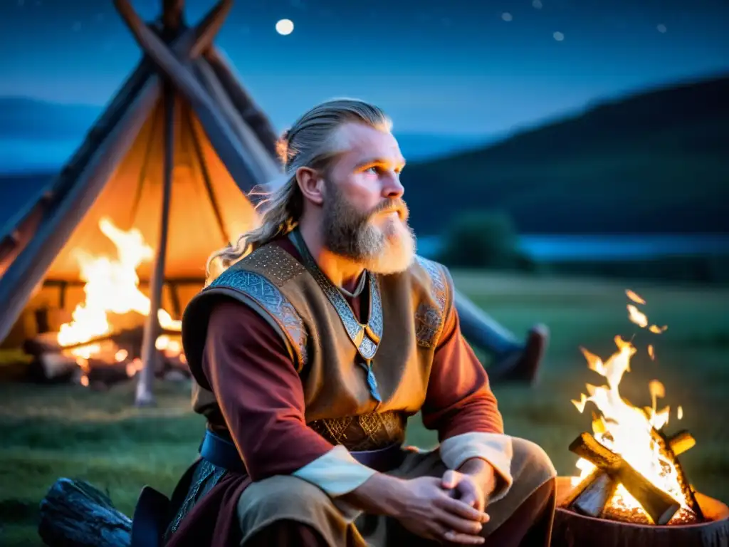 Un anciano vikingo cuenta sagas junto a la hoguera, transmitiendo tradición oral educación vikinga contemporánea