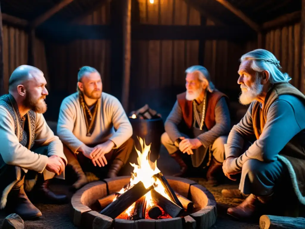 Ancianos vikingos preservando últimos dialectos en hogar nórdico iluminado por auroras boreales