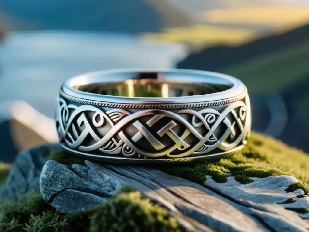 Anillo de boda vikingo de plata con dragones y runas, en un fiordo nórdico al atardecer