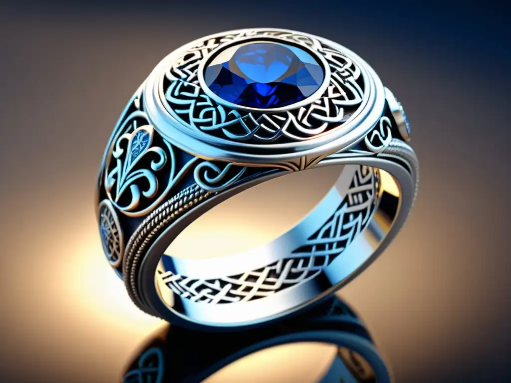 Un anillo de boda vikingo de plata con una hermosa zafiro azul en un ambiente de una casa vikinga iluminada por antorchas