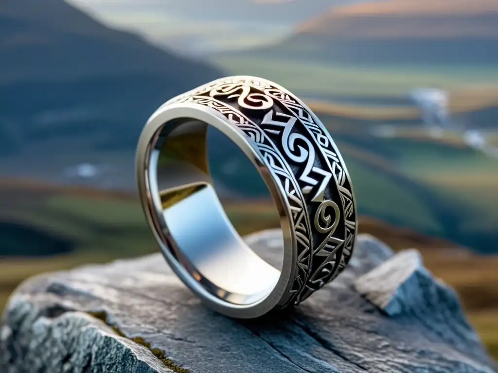 Un anillo de boda vikingo tallado con símbolos nórdicos, plata brillante y una gema deslumbrante