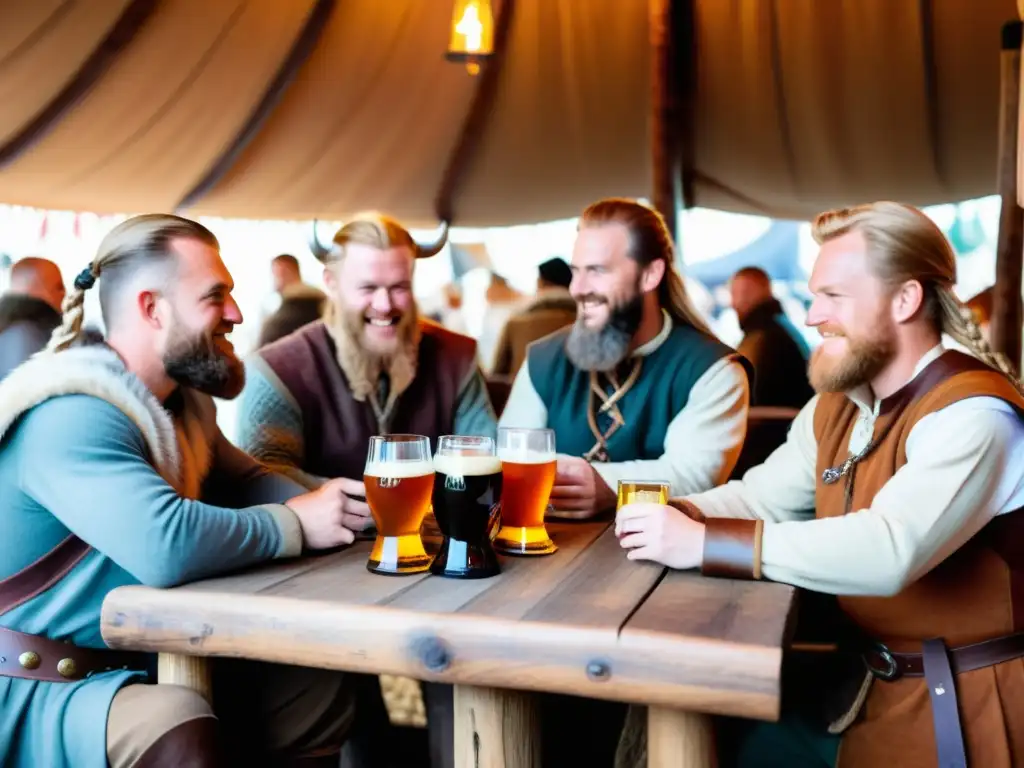 Una animada cata de bebidas vikingas en un mercado temático, con detalles auténticos y participantes vestidos de Vikingo