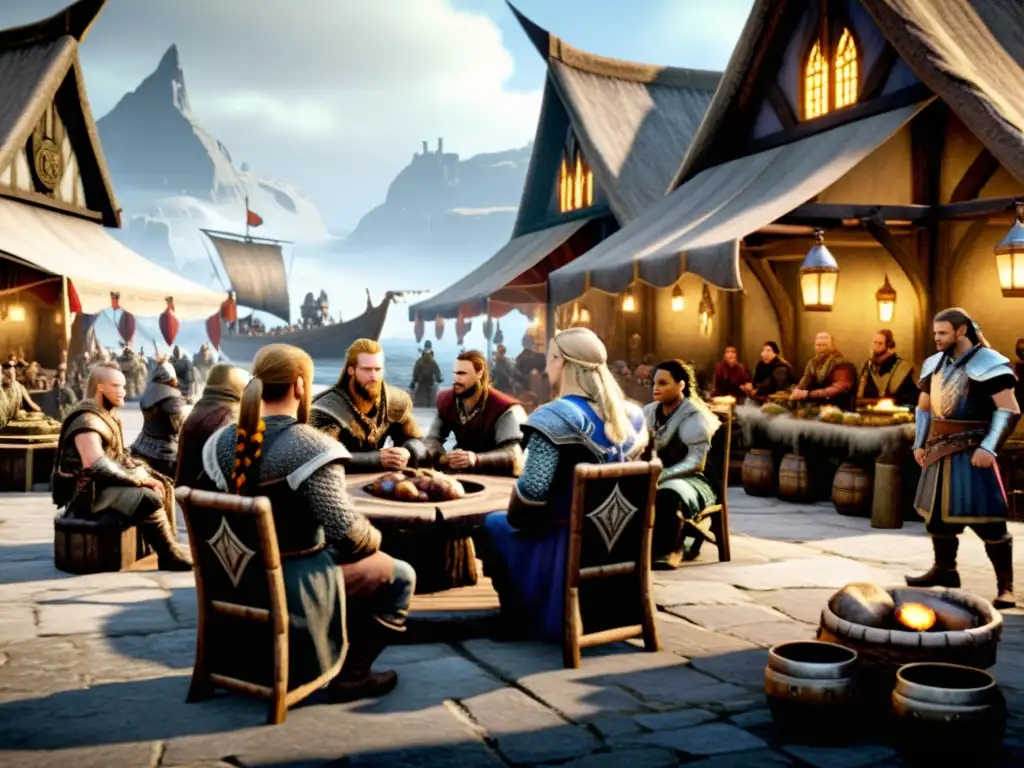 Vikingos en Mercado de Tamriel: Encuentro Multicultural Una animada comunidad vikinga en Tamriel, con personajes intercambiando en un bullicioso mercado de Elder Scrolls Online