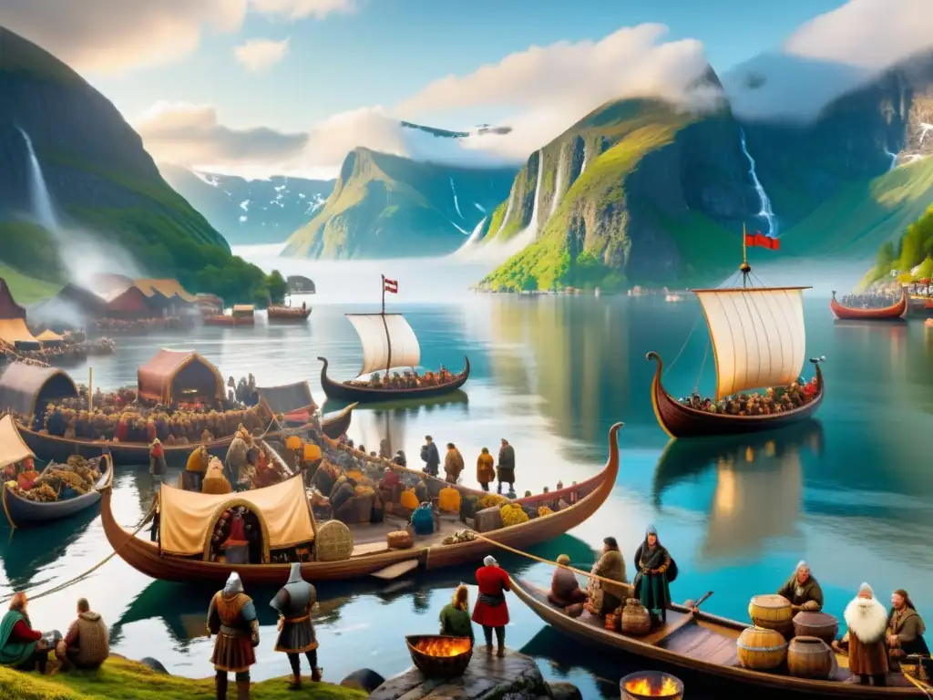 Una animada escena de comercio vikingo junto al fiordo, con detalles de la economía en la era vikinga