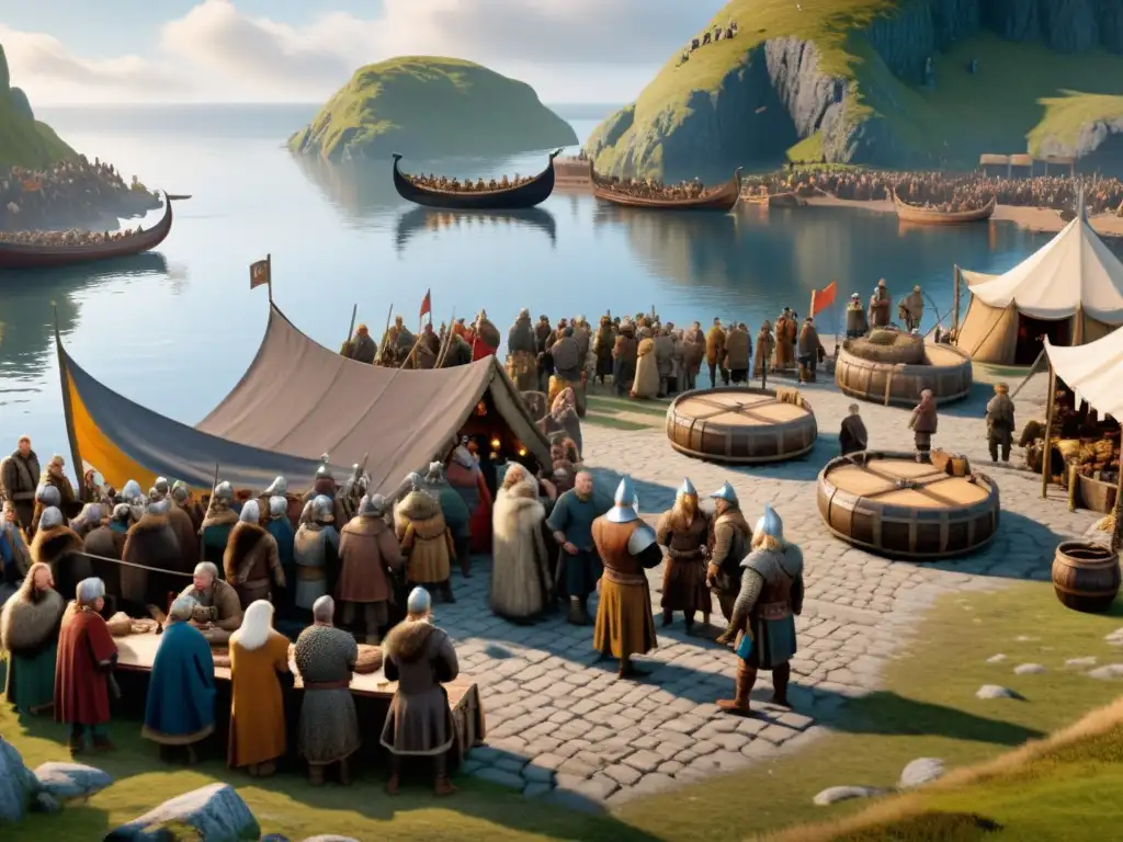 Una animada escena de la vida cotidiana vikinga, donde el impacto social se refleja en un bullicioso mercado y en las historias de antaño