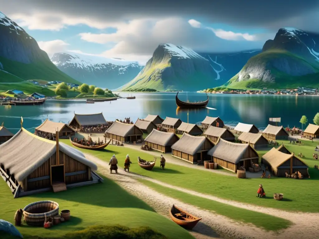 Vibrante asentamiento vikingo: vida, comercio y juegos en un paisaje épico Una animada escena vikinga con juegos educativos y economía vikinga en un asentamiento bullicioso con aldeanos, mercados y barcos