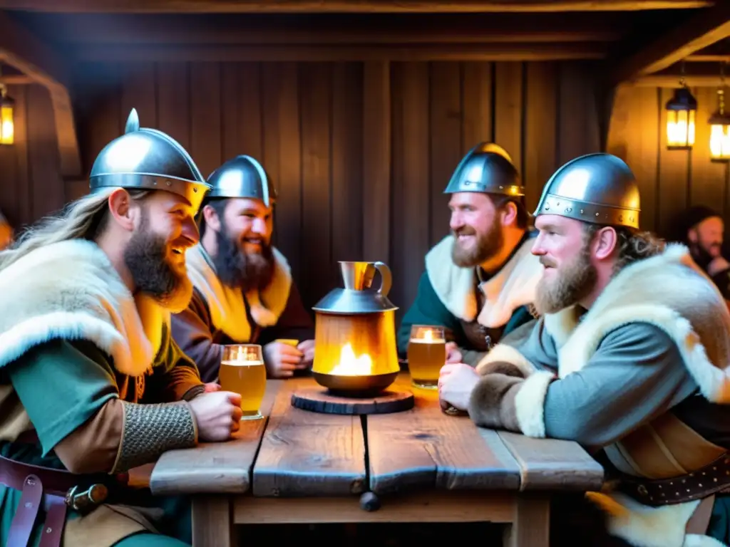 Un animado banquete vikingo en un salón rústico iluminado con velas, donde reenactores comparten bebidas vikingas mercado temático