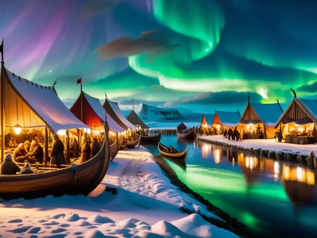 Animado comercio de cereales en la era vikinga, con largos barcos, norteñas auroras y detallada vestimenta y armas vikingas