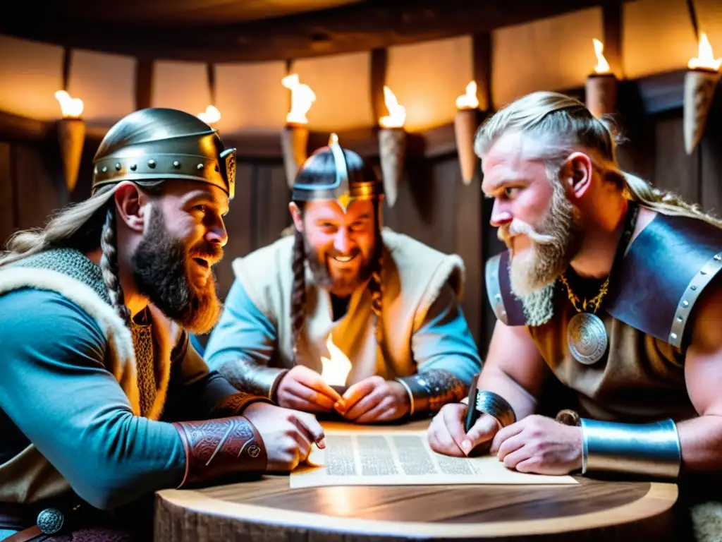 Un animado juego de preguntas vikingas entre reenactores, discutiendo con entusiasmo alrededor de una mesa adornada con tallados