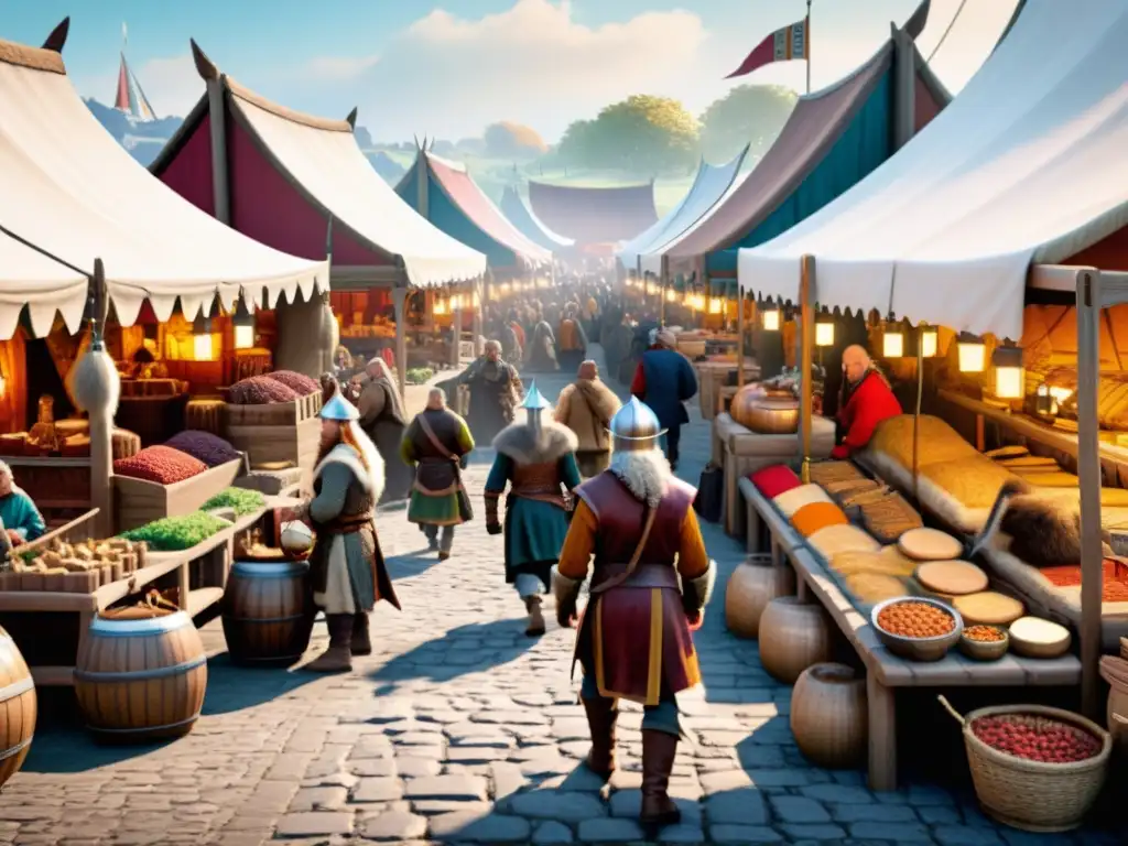 Animado mercado vikingo con comerciantes intercambiando bienes como pieles y joyas, destacando economía vikinga y monedas