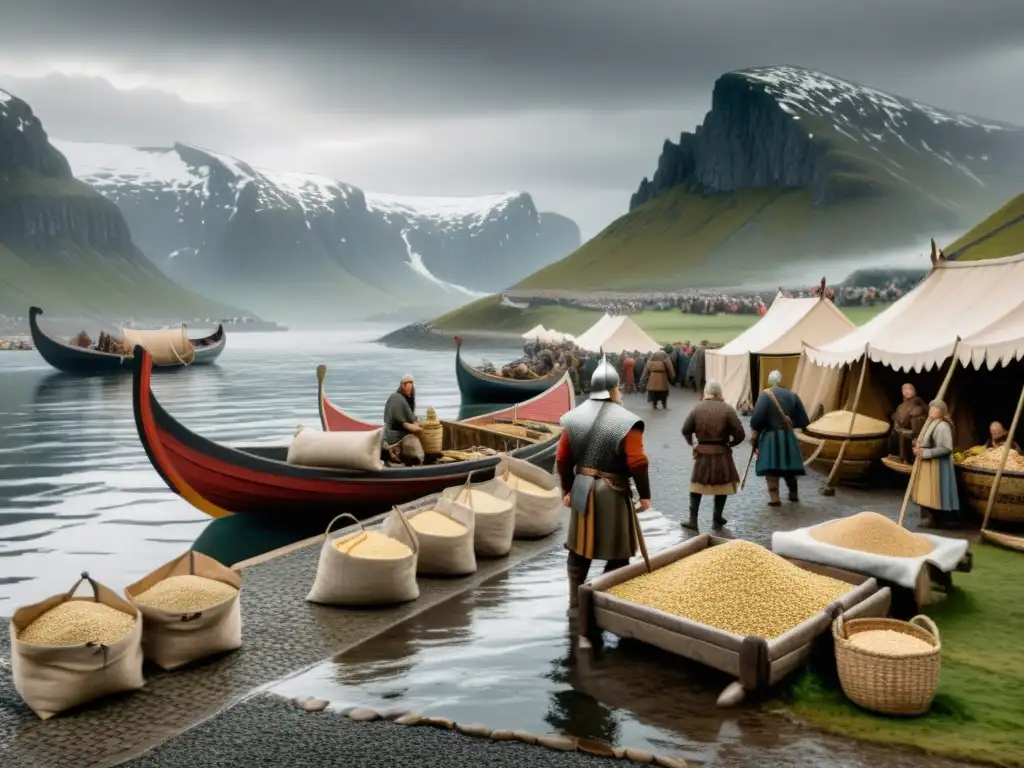 Animado mercado vikingo con comercio de cereales en la era vikinga