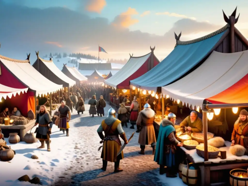 Mercado vikingo: comercio y vida social en la era nórdica Animado mercado vikingo con comercio de bienes