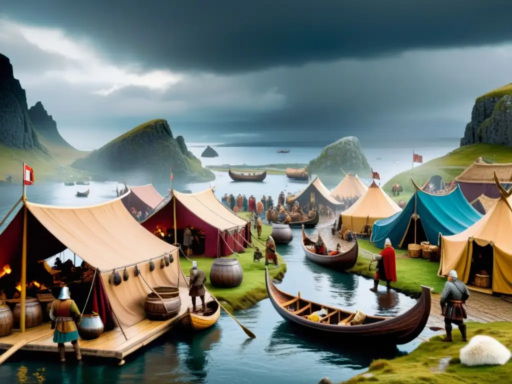 Un animado mercado vikingo con comercio y trueque, entre longships y paisaje escandinavo tormentoso