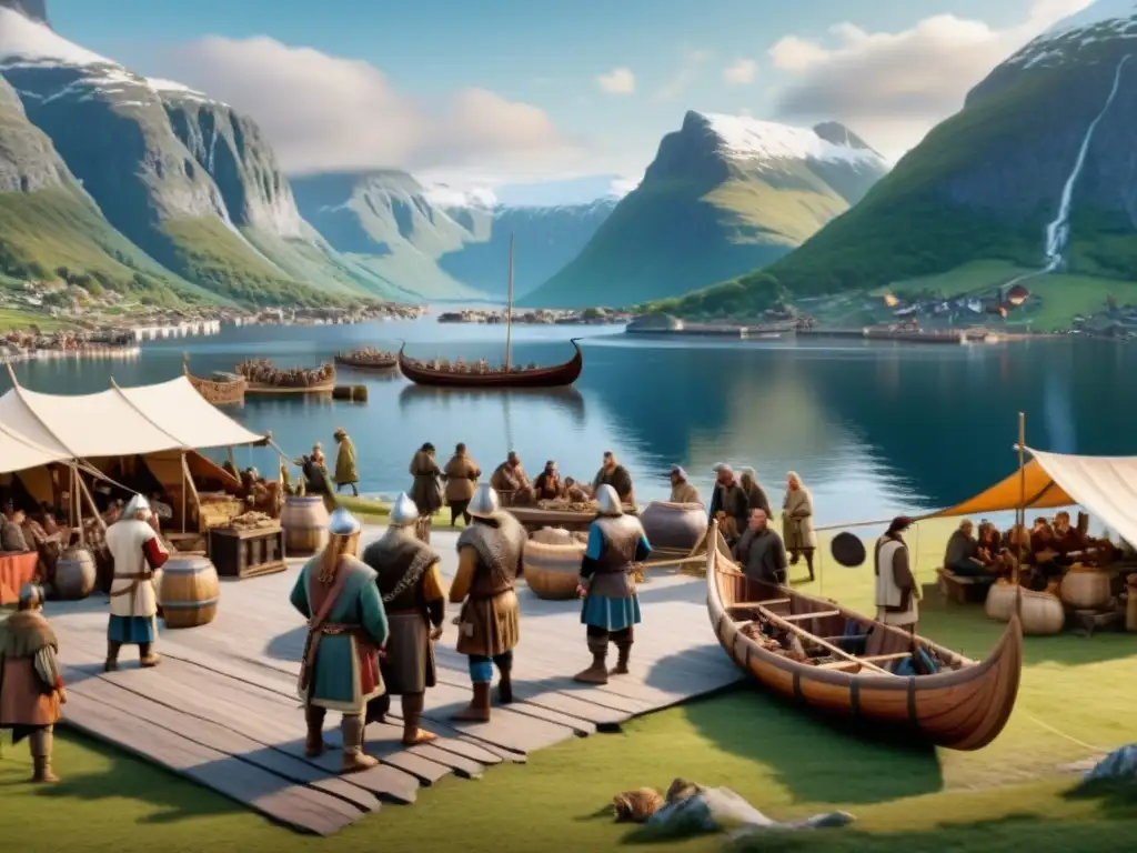 Mercado vikingo: escena animada junto al fiordo Un animado mercado vikingo con intercambio de bienes, aldeanos regateando y barcos largos en un fiordo escénico