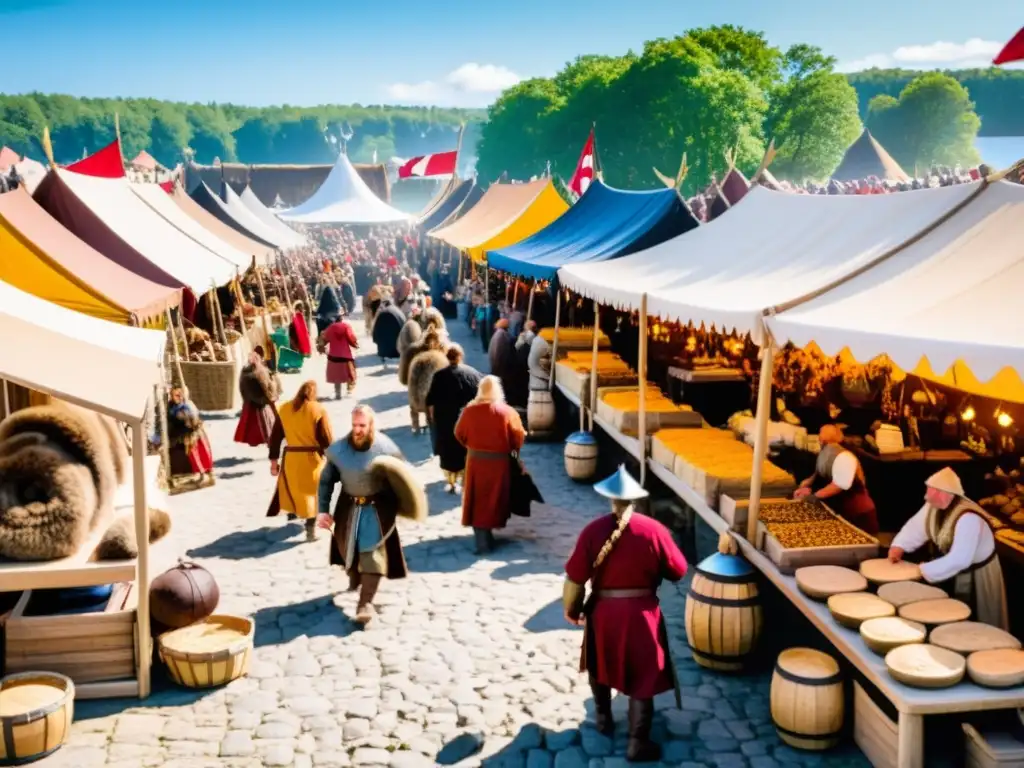 Un animado mercado vikingo en la Isla Gotland con comerciantes vendiendo pieles, joyas y armas, entre puestos de madera y una drakkar al fondo