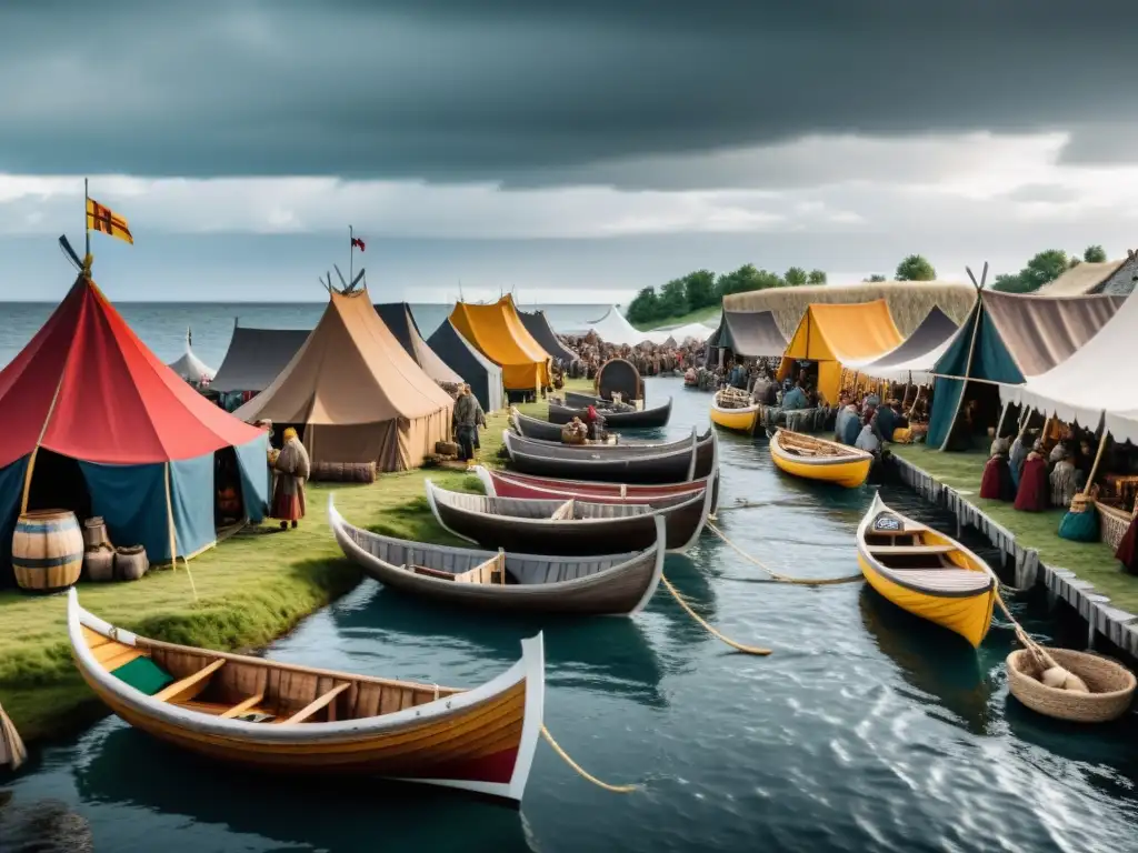 Un animado mercado vikingo en la Isla Gotland, con comerciantes, aldeanos y barcos bajo un cielo nublado