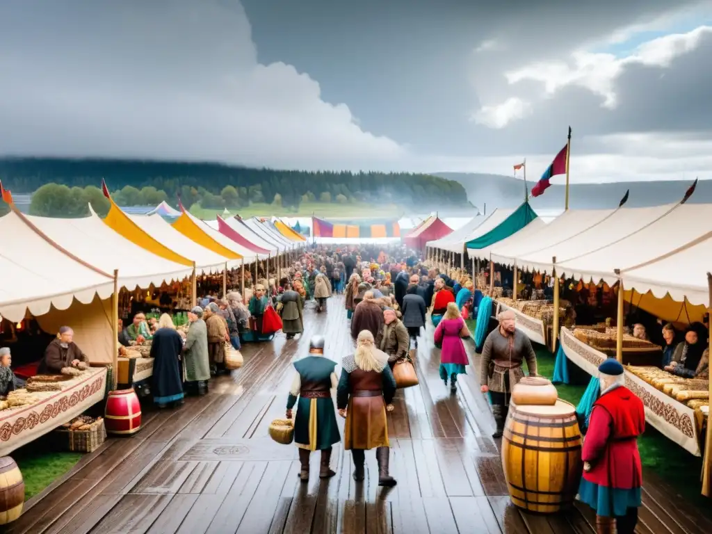 Animado mercado vikingo con puestos de madera tallada, mercancía y gente vestida de época intercambiando bienes bajo un cielo nublado