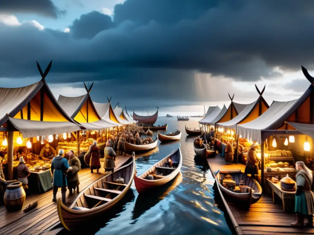 Animado mercado vikingo con vida cotidiana y festividades vikingas bajo cielo dramático