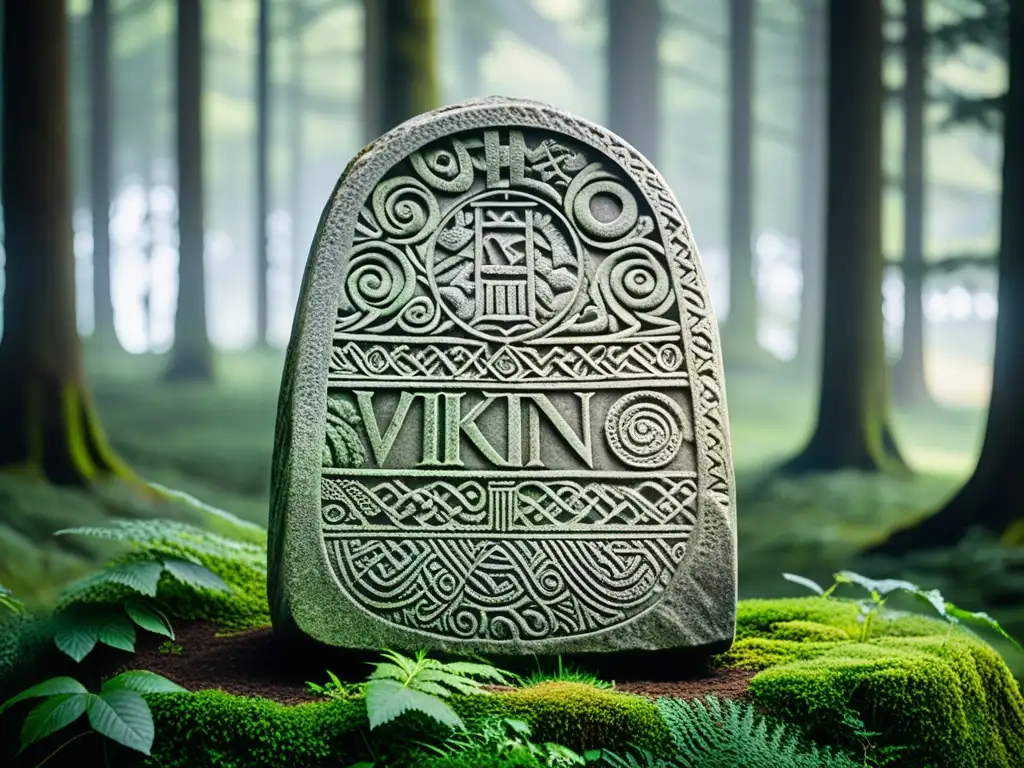 Una antigua piedra rúnica vikinga en un bosque escandinavo, resaltando estructuras lingüísticas de lenguas vikingas