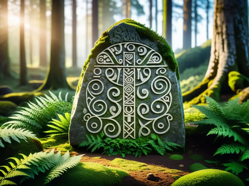 Una antigua piedra rúnica vikinga en un bosque, simbolizando el misterio y la conexión con la naturaleza