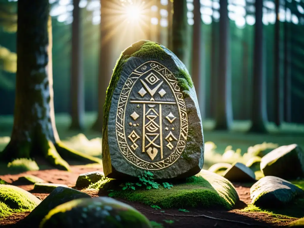 Una antigua piedra rúnica vikinga en un bosque nórdico, con inscripciones y un aura mística