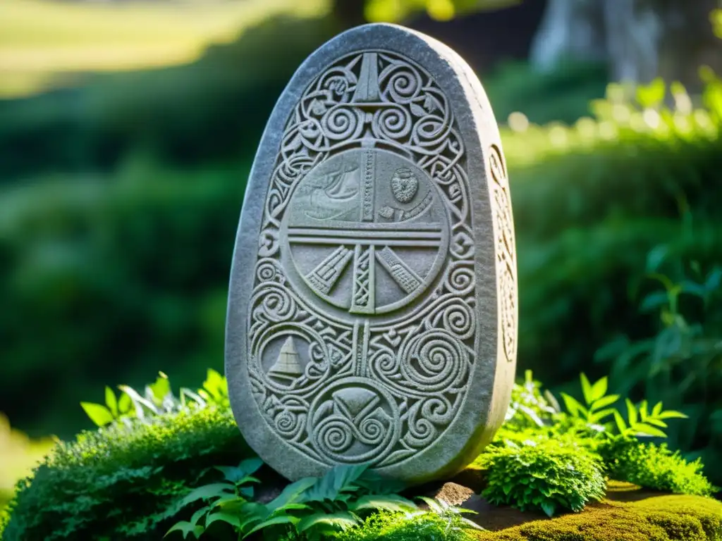 Una antigua piedra vikinga en Stenkyrka, envuelta en historia y arte, emerge entre la exuberante vegetación