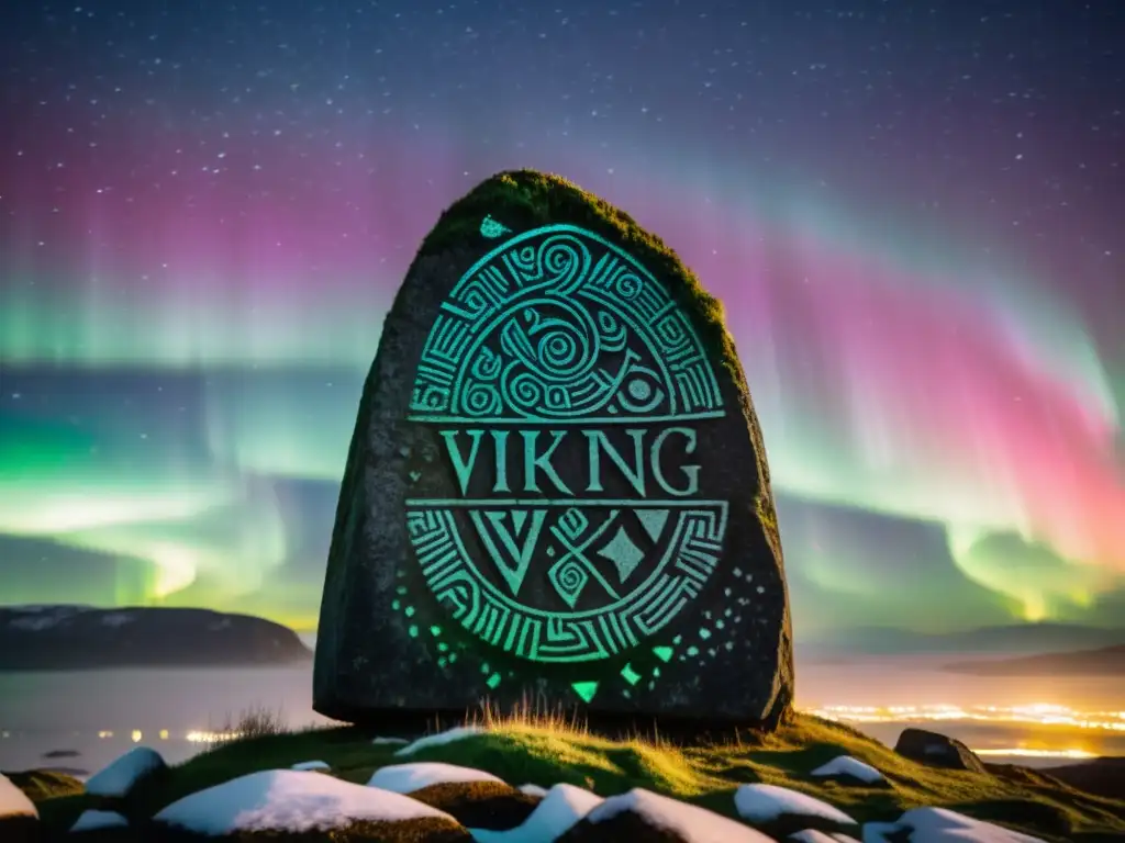 Antigua runa vikinga con auroras boreales, evocando el misticismo de 'Significado y uso de las runas vikingas'