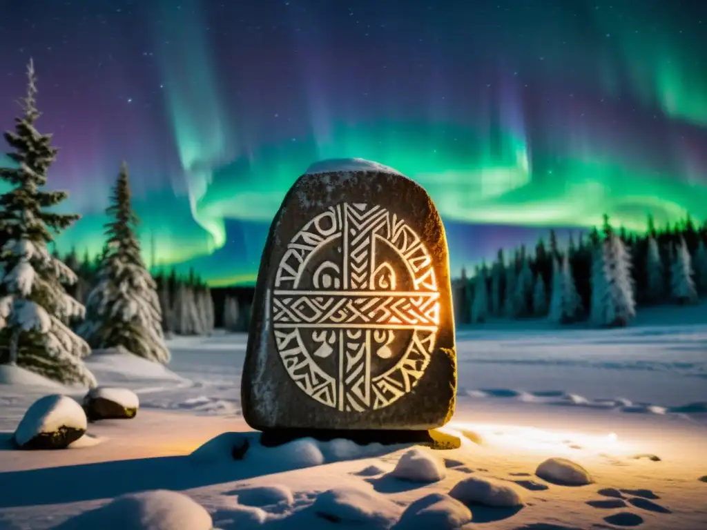 Antigua piedra rúnica vikinga en bosque nórdico bajo la aurora boreal, destacando el impacto de las runas vikingas