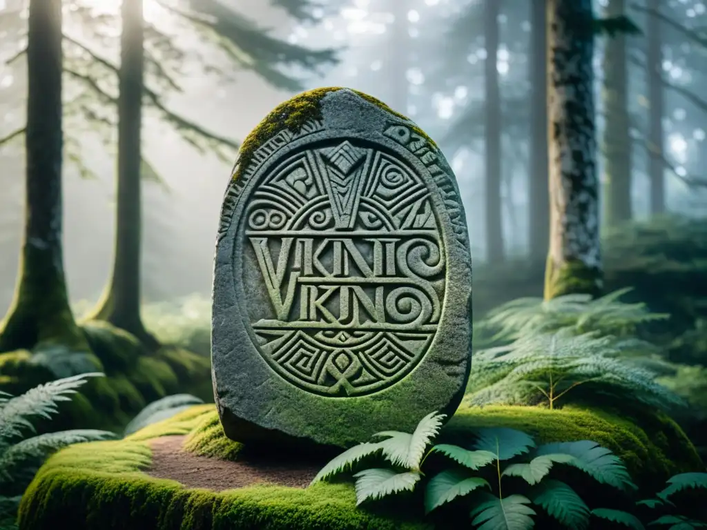 Antigua piedra rúnica vikinga en bosque místico