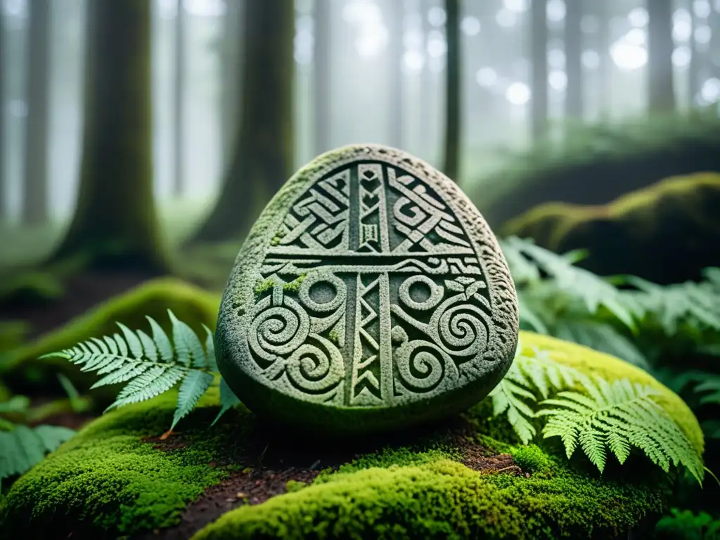 Antigua piedra rúnica vikinga en bosque misterioso y húmedo