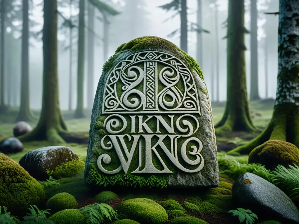 Antigua piedra rúnica vikinga cubierta de musgo en un bosque escandinavo neblinoso, evocando la transformación lingüística vikinga