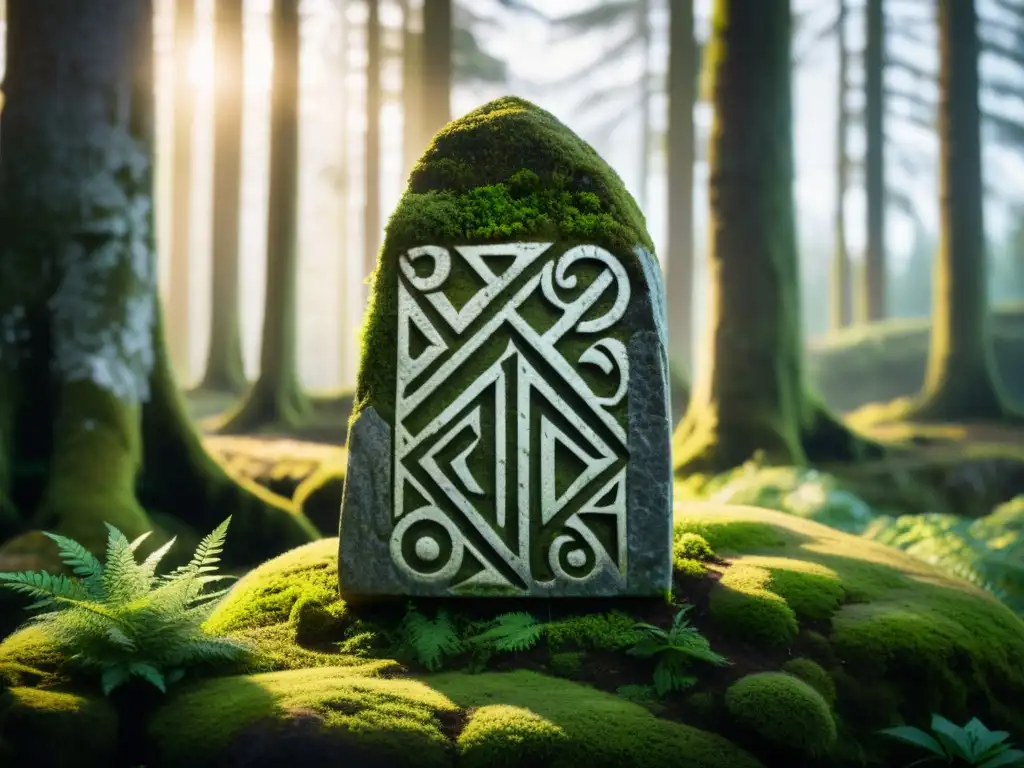 Antigua piedra rúnica vikinga cubierta de musgo en el bosque nórdico, evocando la transición vikinga cristianismo paganismo