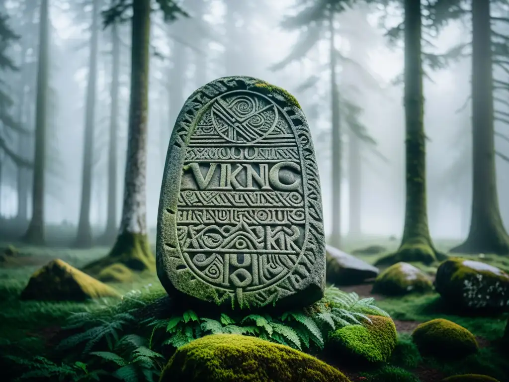 Antigua piedra rúnica vikinga en bosque nórdico místico