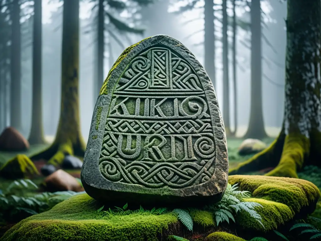 Antigua piedra rúnica vikinga en bosque neblinoso