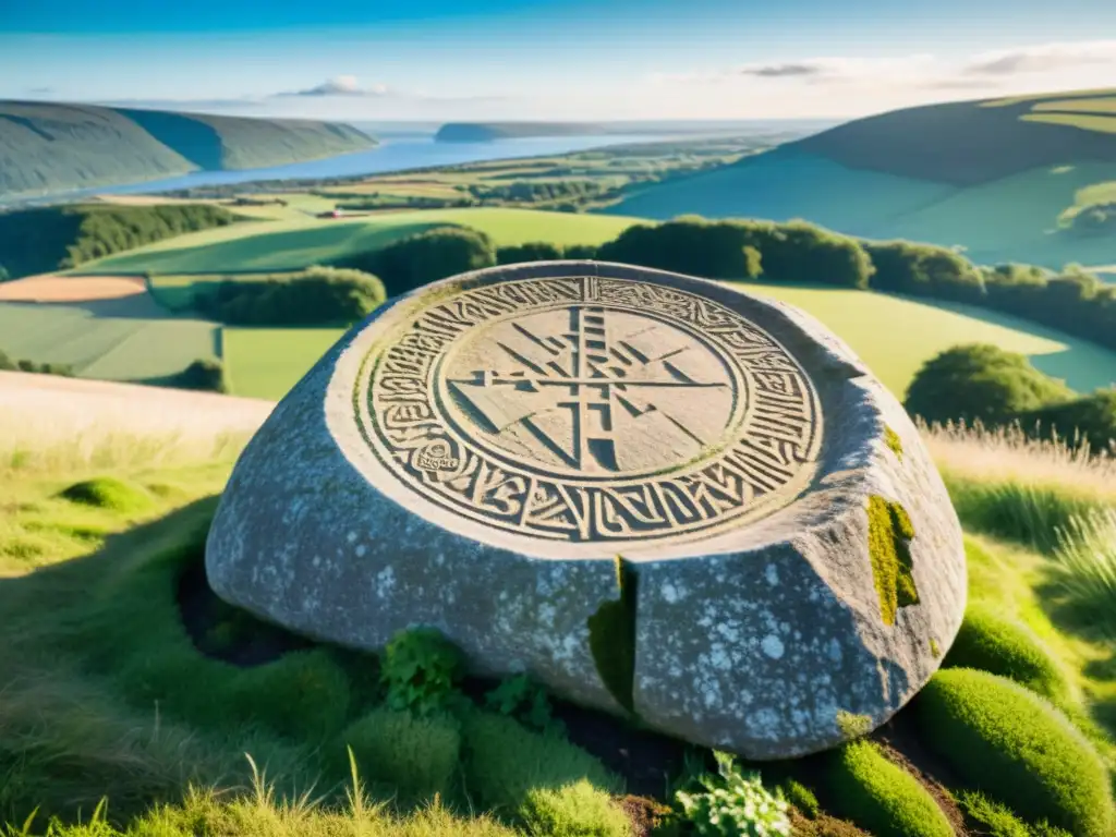 Antigua piedra rúnica vikinga en paisaje danés sereno, invitando a descifrar mensajes antiguos en Dinamarca