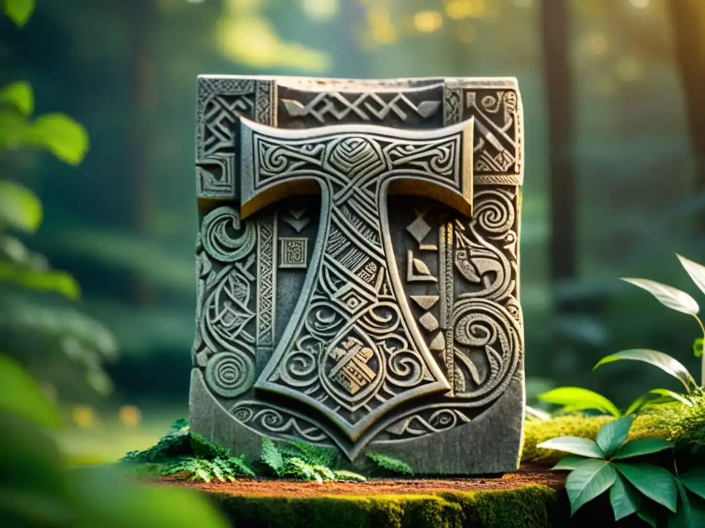 Una antigua talla de piedra detallada del martillo mítico Mjolnir rodeado de runas, en un bosque verde