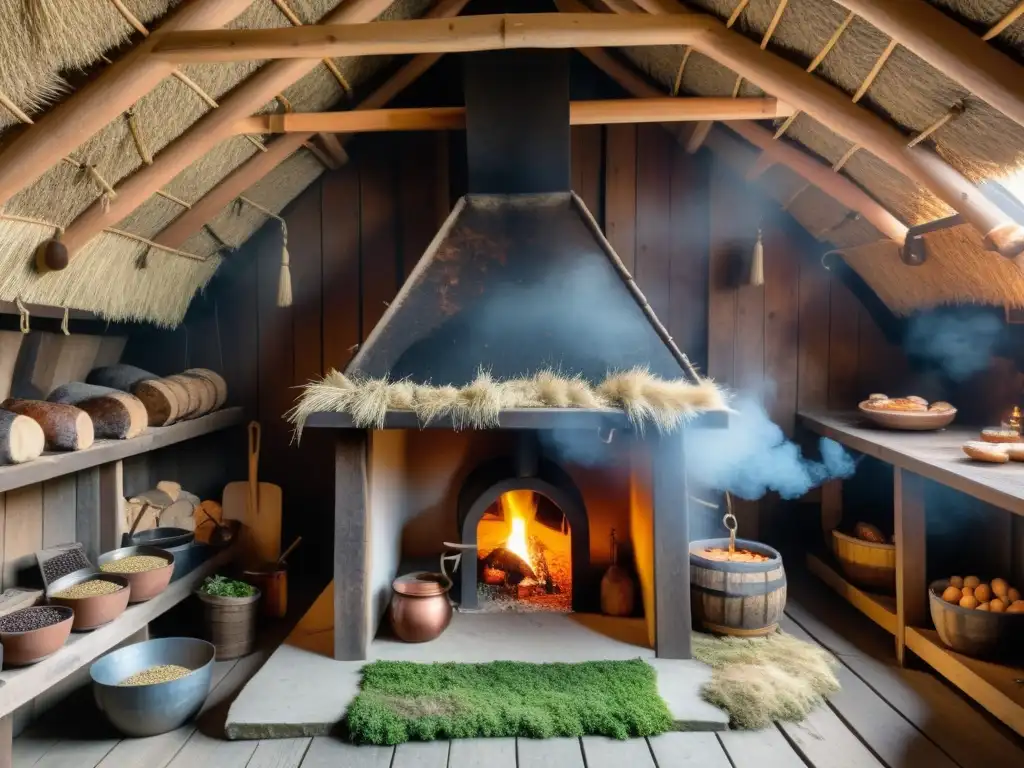 Antigua técnica de preservación de alimentos al estilo vikingo en una ahumadera de madera y paja en el bosque