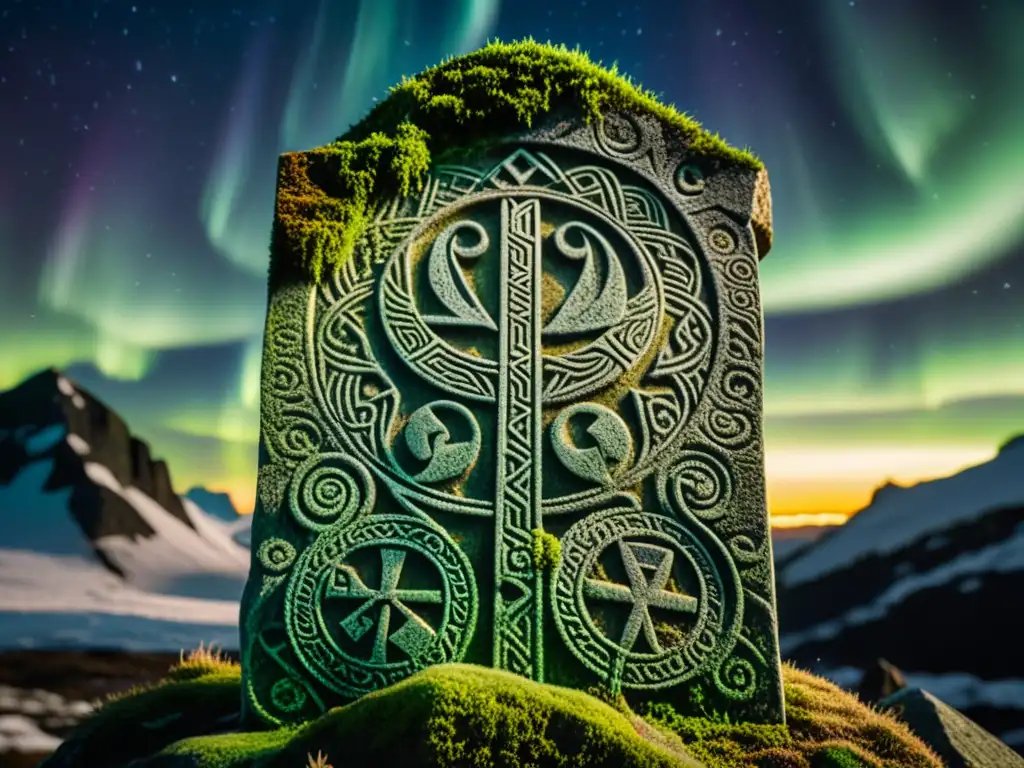 Antiguas runas vikingas talladas en una tumba, con musgo y líquenes, bajo la aurora boreal