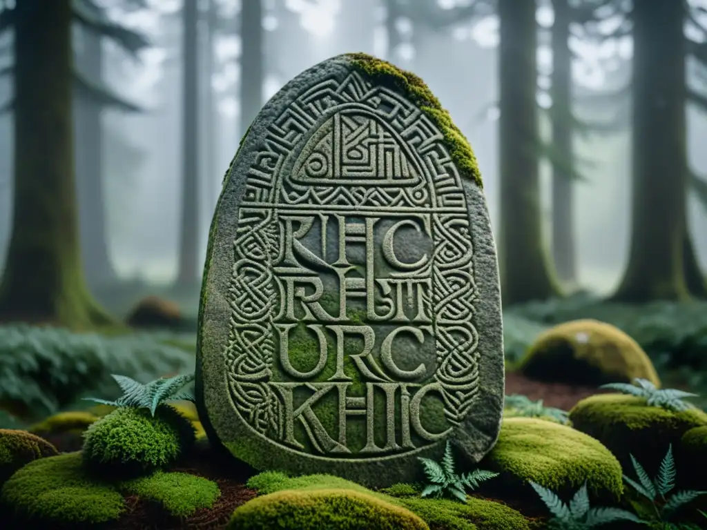 Un antiguo alfabeto rúnico vikingo completo tallado en una piedra, con musgo y bosque nórdico neblinoso de fondo