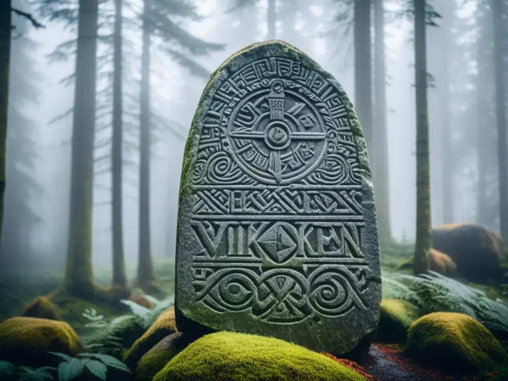 Un antiguo y detallado grabado en una piedra rúnica vikinga, rodeado de un bosque escandinavo brumoso