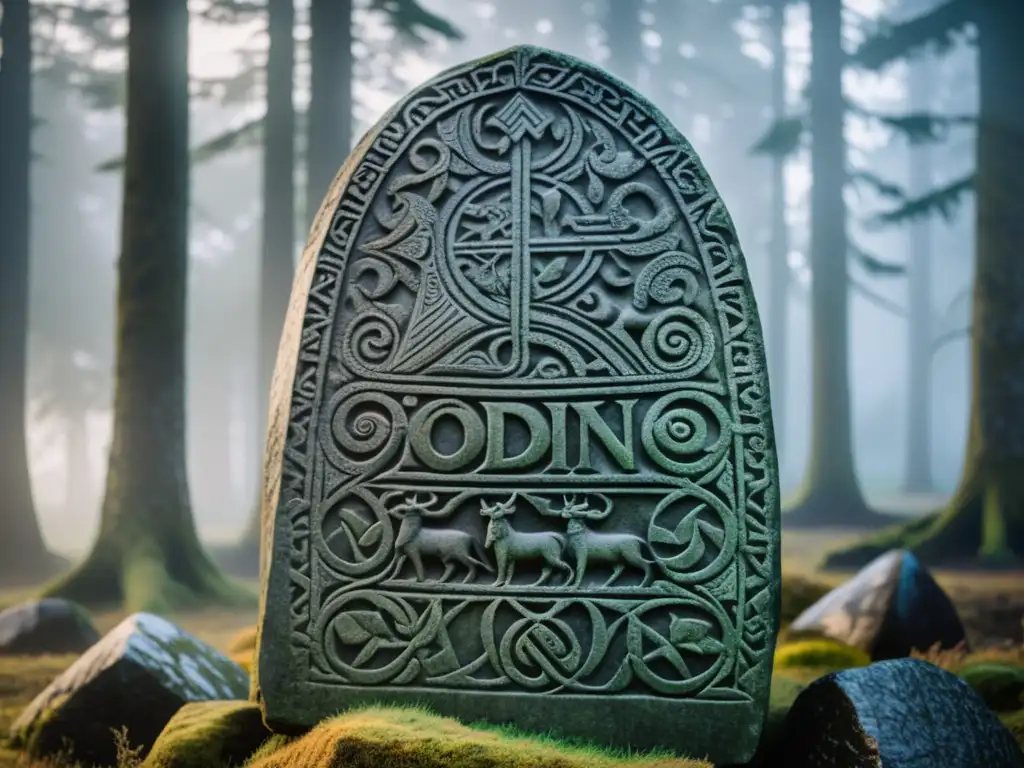 Un antiguo y detallado grabado en una piedra rúnica vikinga, con escenas de dioses nórdicos y batallas épicas, en un bosque nórdico brumoso