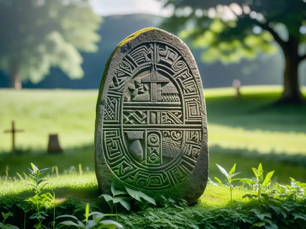Un antiguo y detallado menhir vikingo en un campo verde, con escenas de batalla y comercio talladas