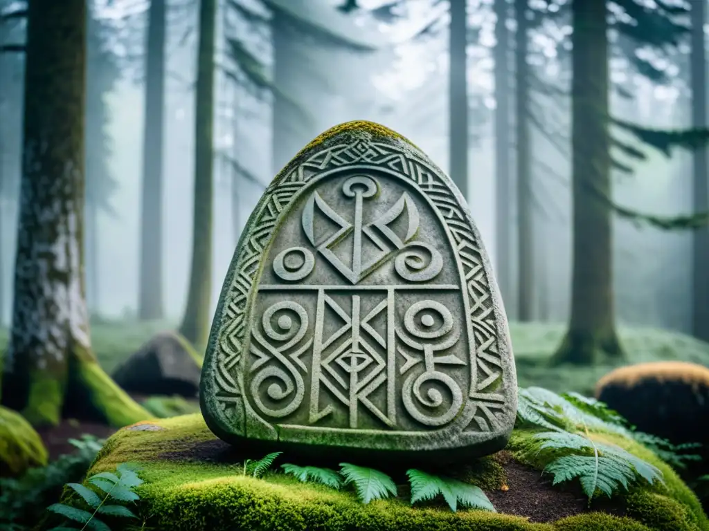 Estela rúnica vikinga: legado misterioso en el bosque escandinavo Un antiguo y detallado menhir vikingo en un bosque escandinavo neblinoso, simbolizando el legado cultural vikingo en literatura