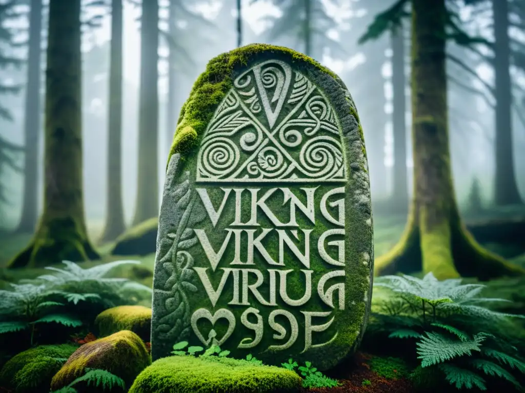 Runa vikinga tallada en piedra: misterio en el bosque nórdico Un antiguo y detallado runestone vikingo con inscripciones poéticas, rodeado de un bosque nórdico neblinoso