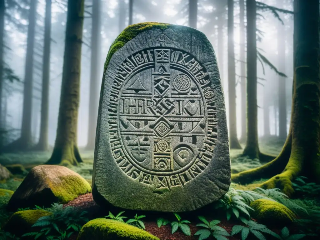 Un antiguo Futhark tallado en piedra en un bosque místico iluminado por la luz, ideal para prácticas espirituales