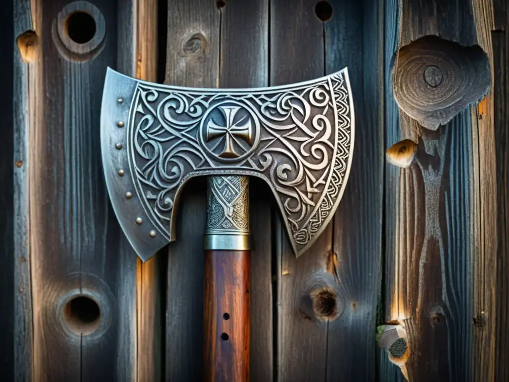 Antigua hacha vikinga con intrincados grabados en metal Antiguo hacha vikinga con intrincados grabados en metal, mostrando evolución artefacto vikingo comercio guerra