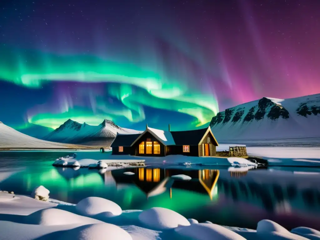 Casa vikinga en Islandia: luces del norte y auroras boreales Un antiguo hogar islandés rodeado de montañas nevadas bajo las luces del norte, influencia sagas islandesas cultura popular